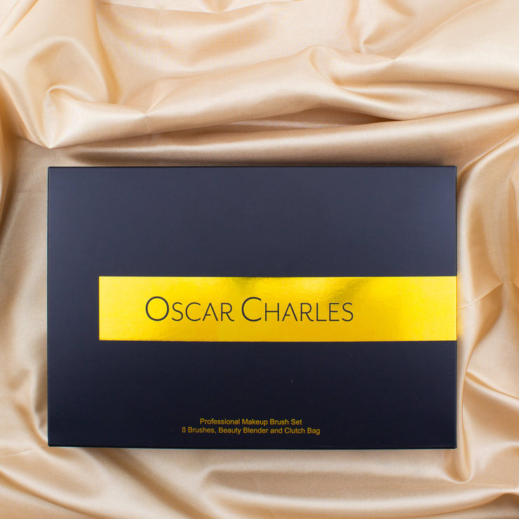 Juego de brochas de maquillaje profesional de lujo Oscar Charles de 8 piezas y bolsa de cosméticos de lujo. Oro Rosado/Negro